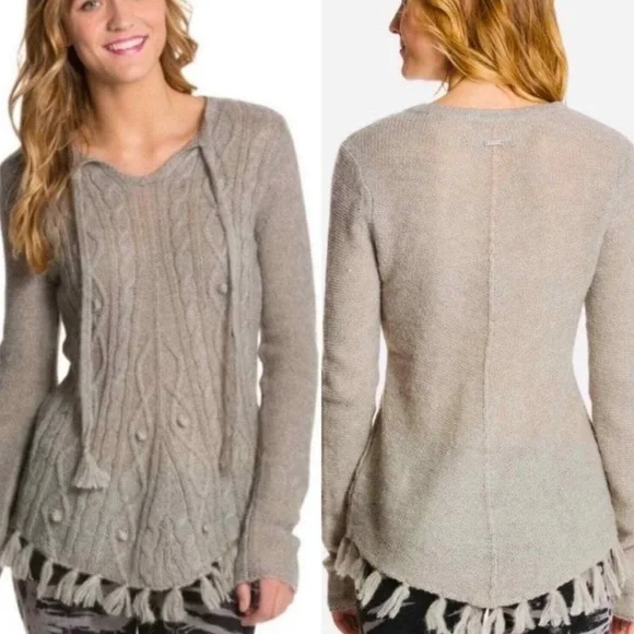 Prana Shelby Gray Cable Knit Fringe Wool Blend Sweater Tie Poncho Soft Small - Picture 10 of 10